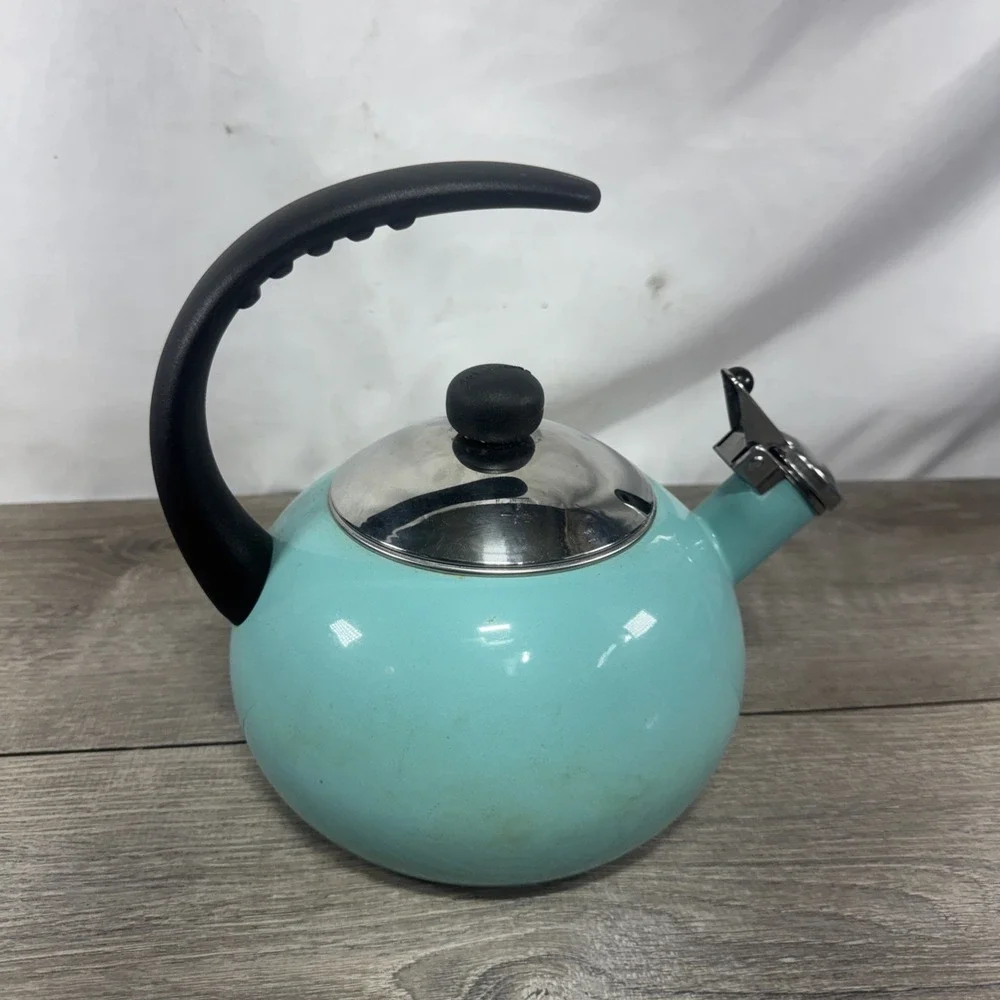 Farberware Luna Whistling Tea Pot Kettle 2.5 qt Aqua Enamel on Steel
